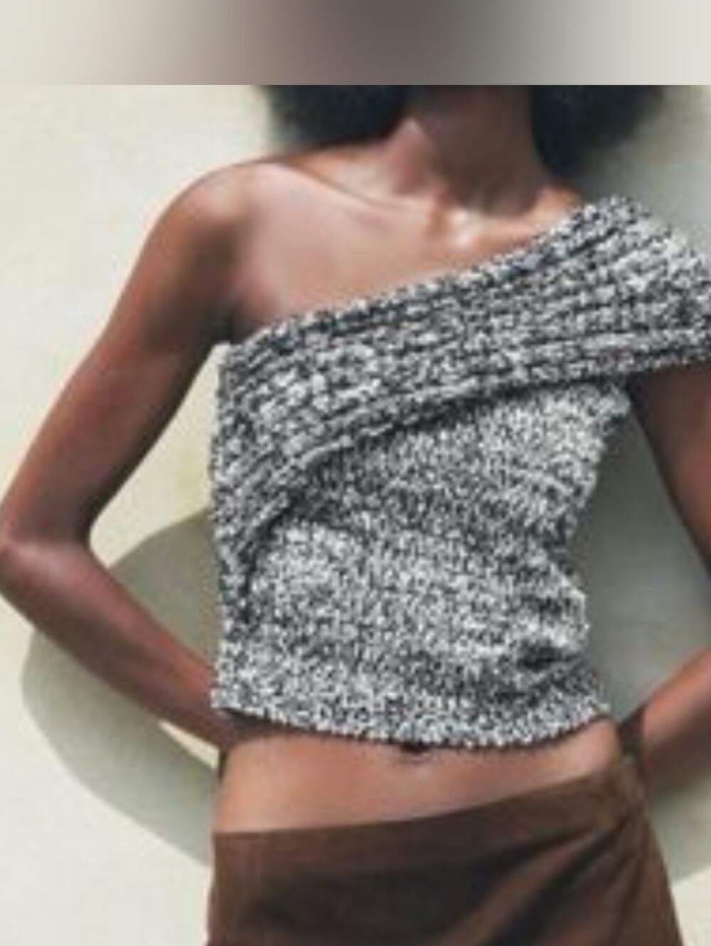 NWT Zara One-Shoulder Black & White Marled Knit Crop Top Sz S